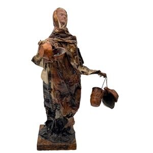 Mexican Folk Art Doll Vintage Paper Mache Woman with Pots Handmade Mounted SEE